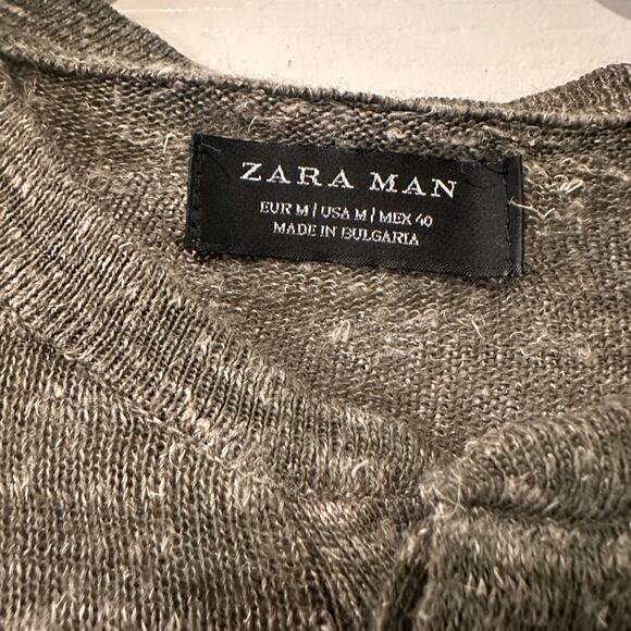 Zara Man green and grey linen blend lightweight knit henley crewneck sweater M - Picture 3 of 5